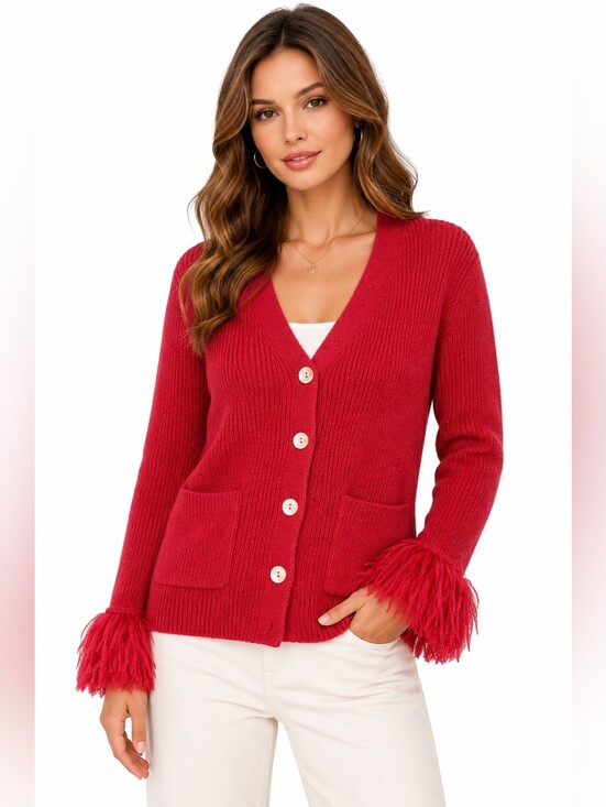 NIC+ZOE Sweaters - Nic+Zoe Deep Red Knit Cardigan M Tulle Fringe Cuffs Pearl Buttons Statement